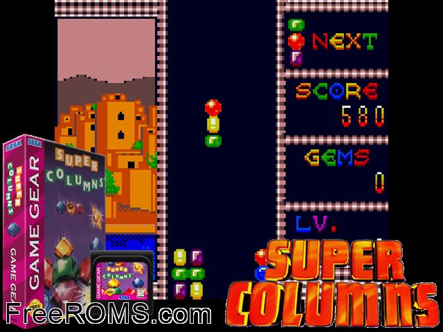 Super Columns Game Gear game showing 3D box cover and gameplay screenshot